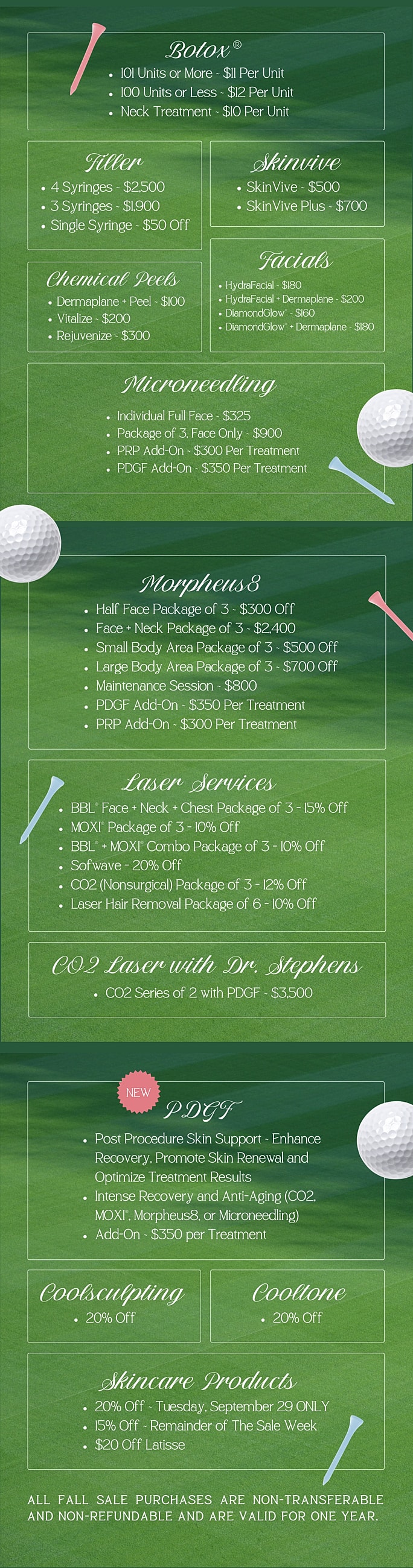 Aesthetic treatment services and pricing information.