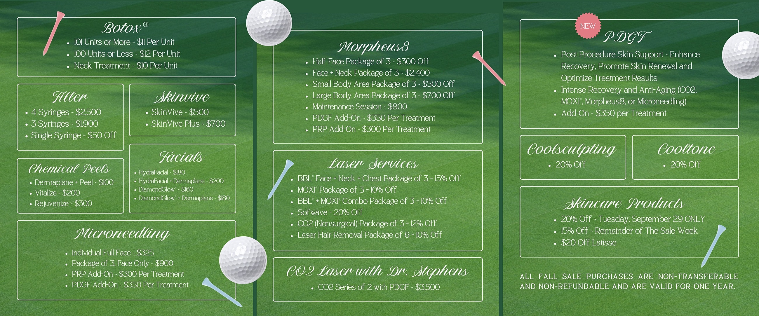 Aesthetic treatments and services pricing information.